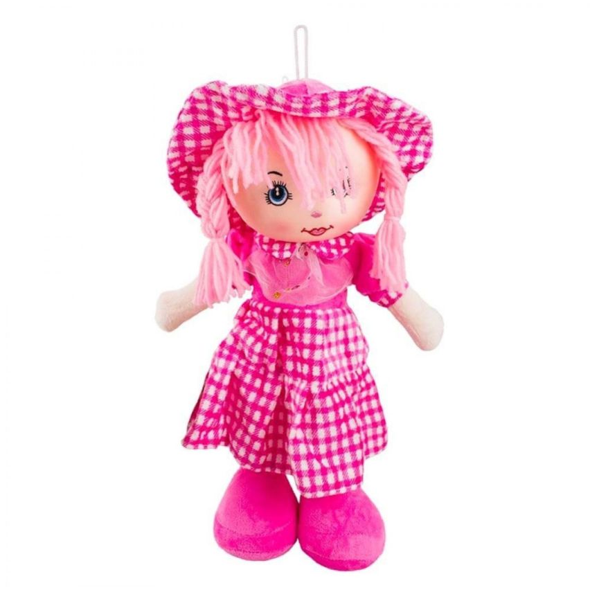 Boneca de Pano Vestido e Chapéu Xadrez Pink 54 cm - Fofy Toys