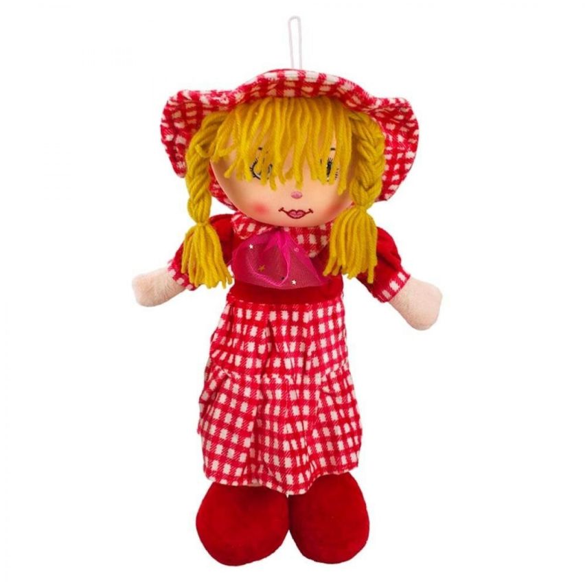 Boneca de Pano Vestido e Chapéu Xadrez Vermelho 54 cm - Fofy Toys