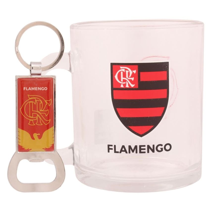 Caneca do Flamengo de Vidro com Chaveiro Abridor de Garrafa 320 ml