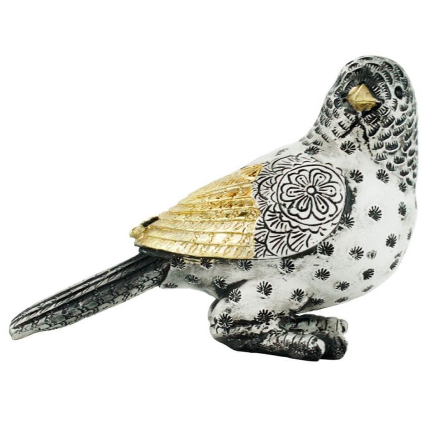 Estatueta Pássaro Cinza Claro em Resina 11 cm
